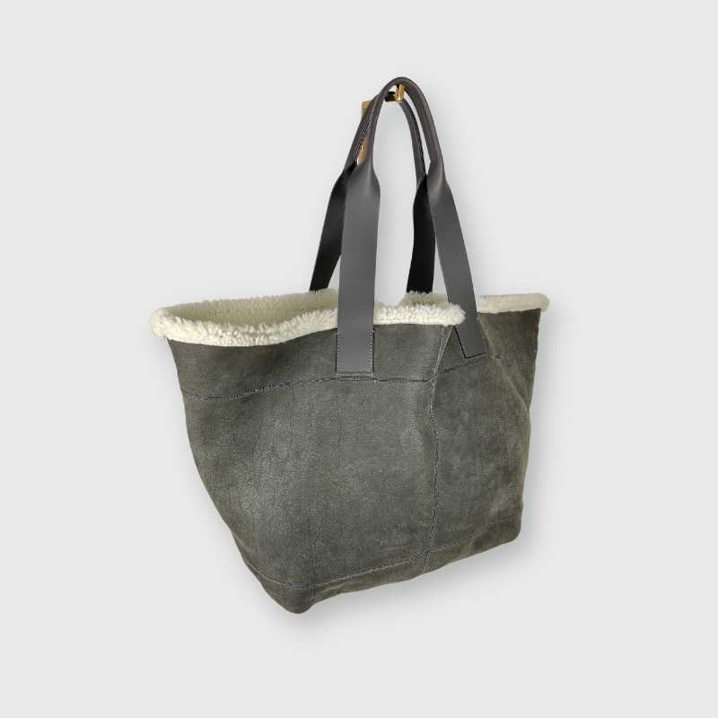 Brunello Cucinelli Shopper Leder mit Lammfell Grau